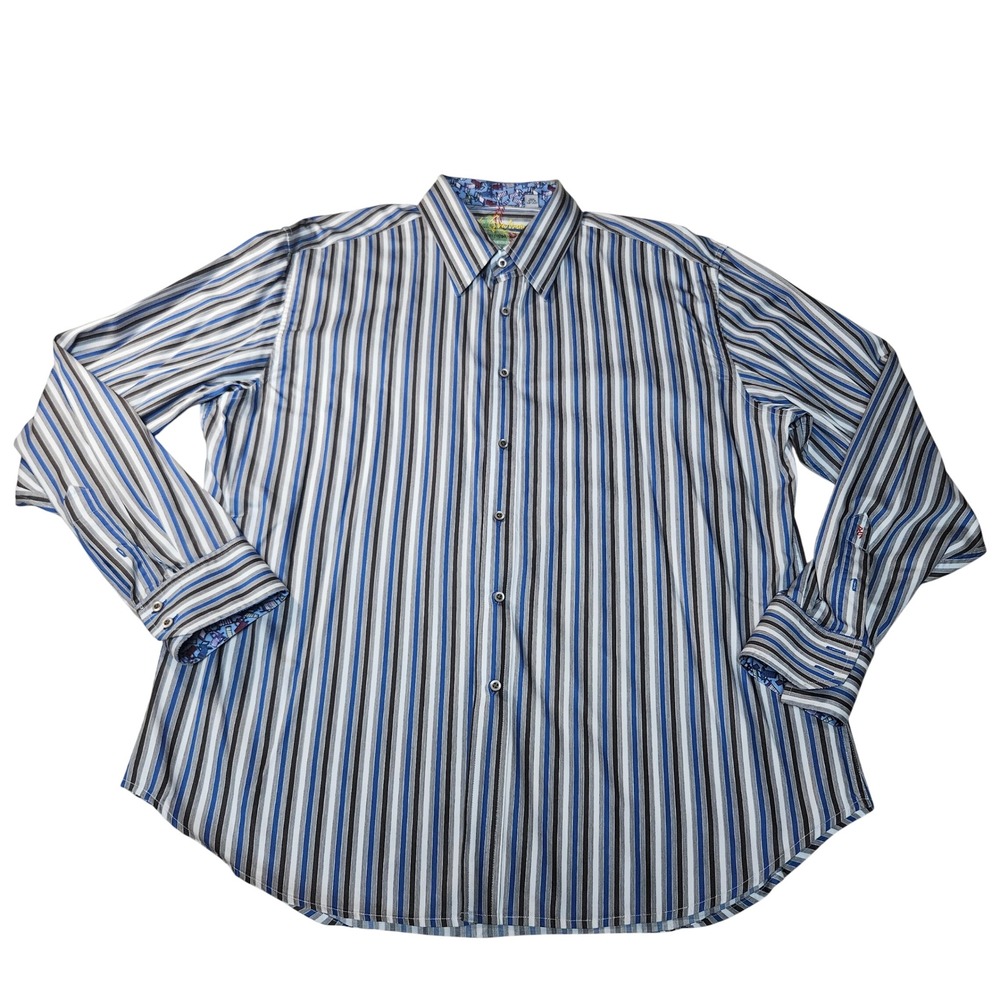 Robert Graham Mens Blue Brown Striped Long Sleeve Button Down Shirt Size 2XL